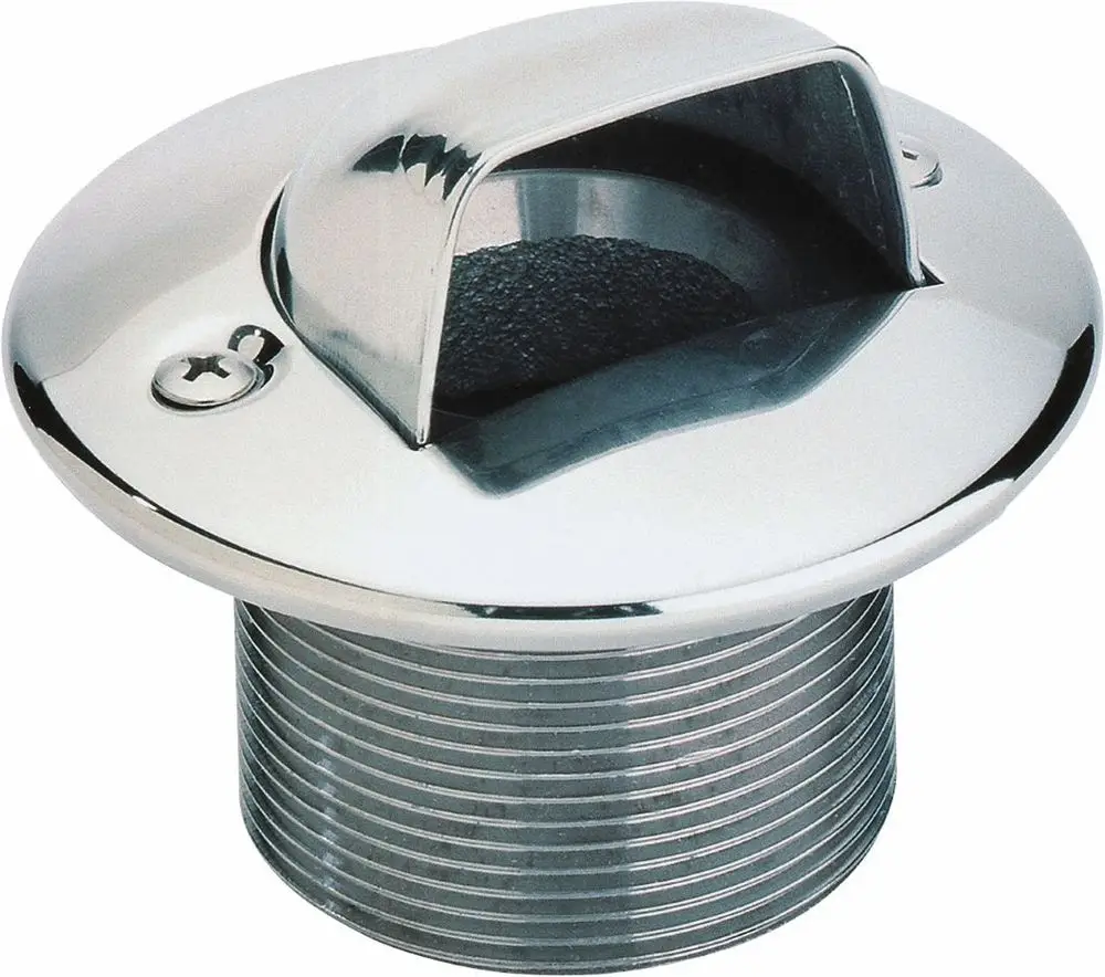 Edelstahl-Einlaufmuschel mit Blende von Grünbeck. Rundes Design mit einem zentralen Öffnungsmechanismus und Gewinde für die Montage.